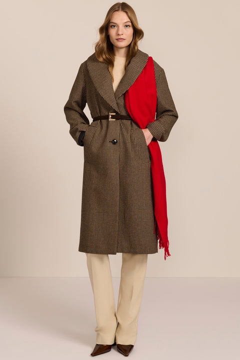 Women's brown houndstooth long coat with oversized notched collar, two-button closure and welt pockets.