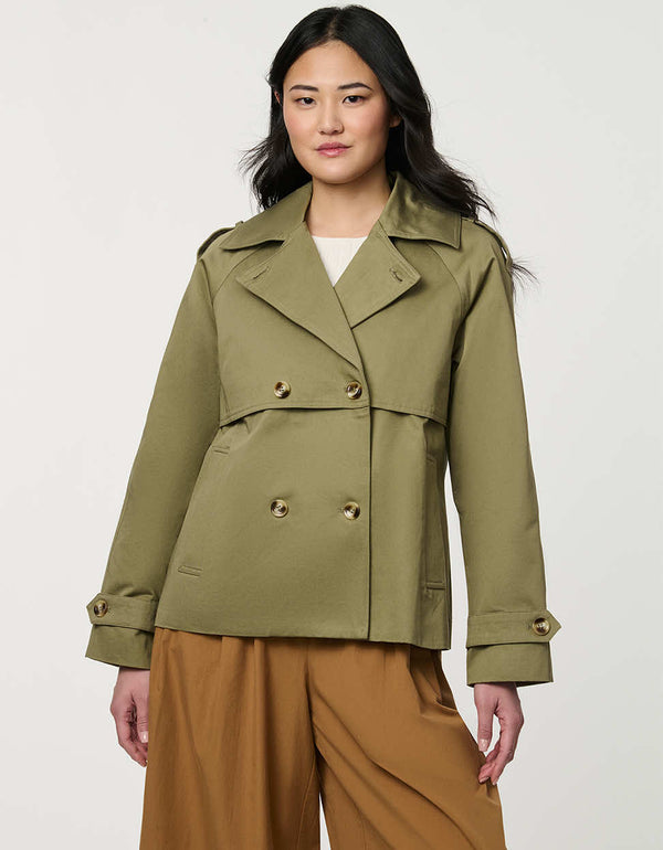 Women’s cropped double-breasted trench jacket with a relaxed fit, designed for spring layering.