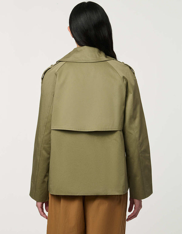 Women’s cropped double-breasted trench jacket with a relaxed fit, designed for spring layering.