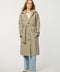 Women’s lightweight utility trench coat with belted waist, flap pockets, and roll-away hood tucked into the collar.