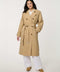 Women’s double-breasted trench coat with belted waist, cuff tabs, and striped interior lining.