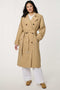 Women’s double-breasted trench coat with belted waist, cuff tabs, and striped interior lining.
