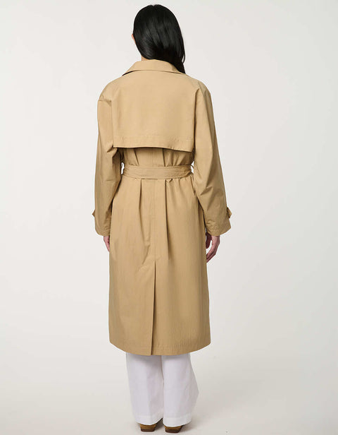 Women’s double-breasted trench coat with belted waist, cuff tabs, and striped interior lining.