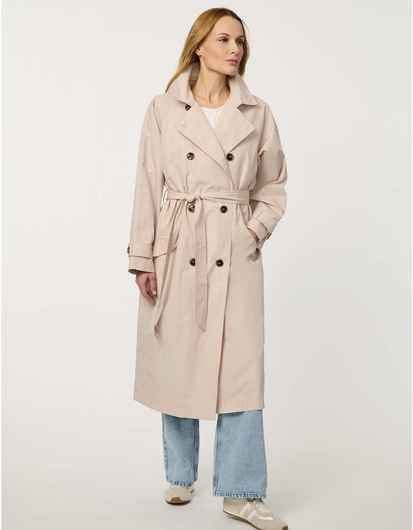 Women’s double-breasted trench coat with belted waist, cuff tabs, and striped interior lining.