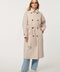Women’s double-breasted trench coat with belted waist, cuff tabs, and striped interior lining.