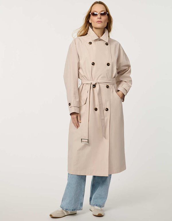 Women’s double-breasted trench coat with belted waist, cuff tabs, and striped interior lining.
