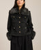 Wool-blend jacket with removable faux fur collar and cuffs, gold-tone buttons and four flap pockets.