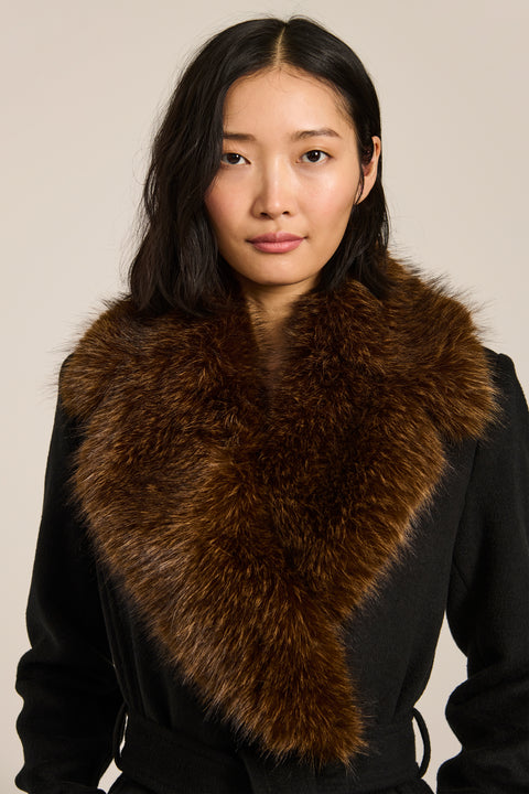 Long belted wool-blend coat with removable faux fur shawl collar, double-breasted front and tailored silhouette.