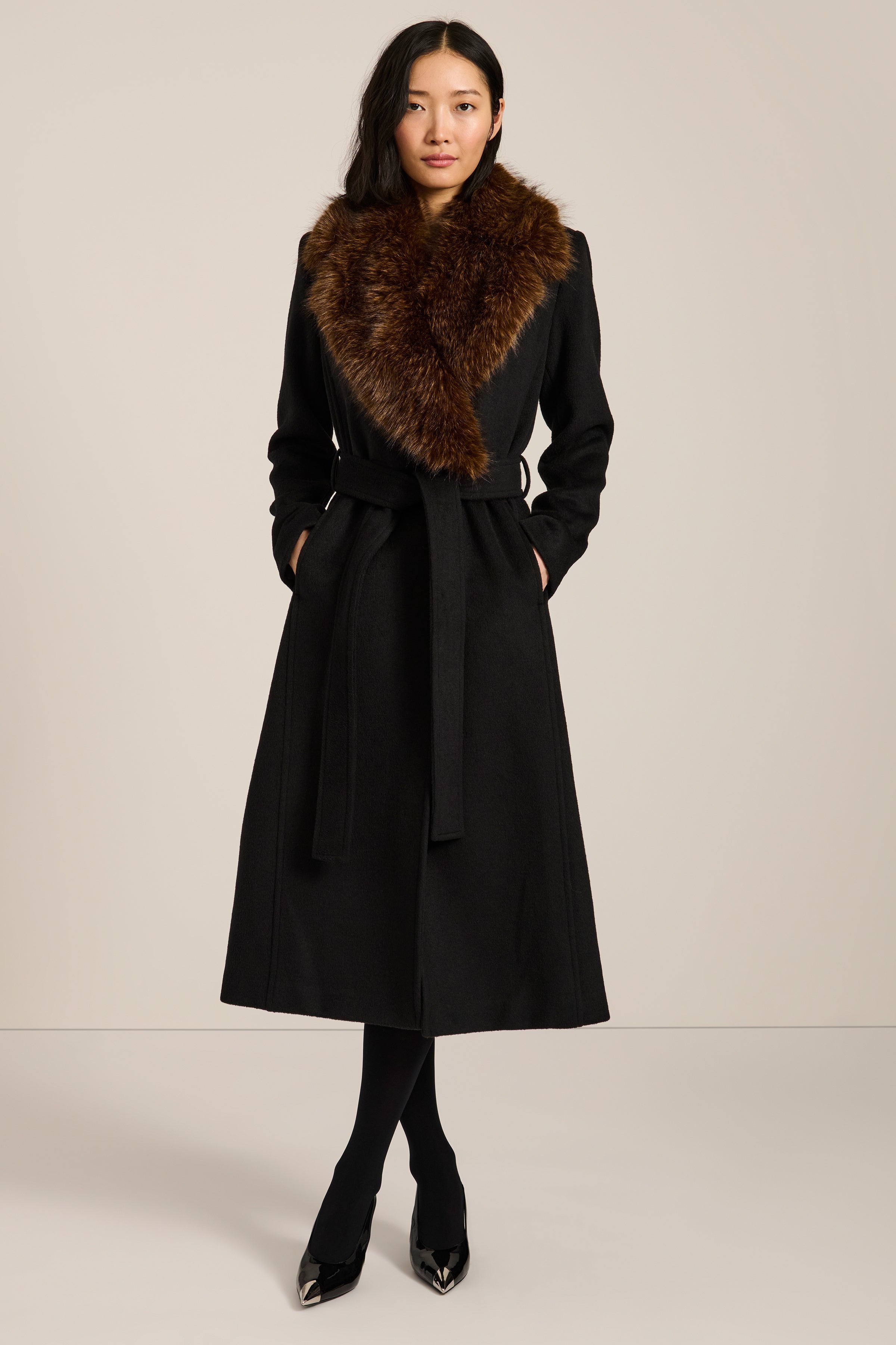Genevieve Faux Fur Collar Belted Coat – Bernardo