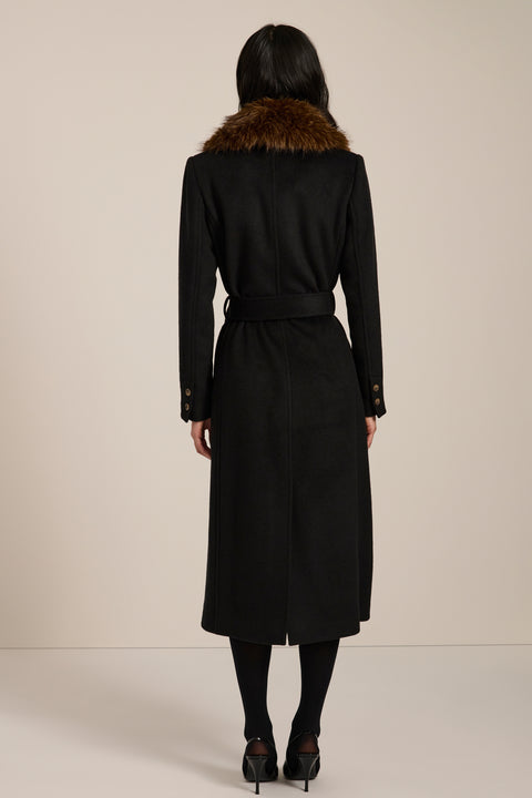 Long belted wool-blend coat with removable faux fur shawl collar, double-breasted front and tailored silhouette.