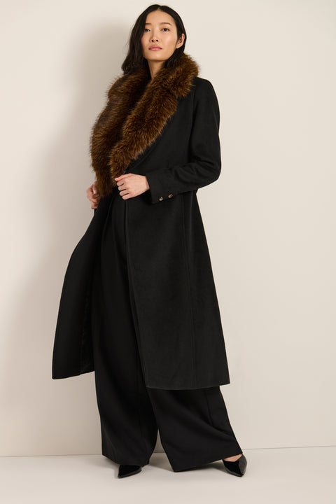 Long belted wool-blend coat with removable faux fur shawl collar, double-breasted front and tailored silhouette.