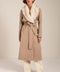 Long belted wool-blend coat with removable faux fur shawl collar, double-breasted front and tailored silhouette.
