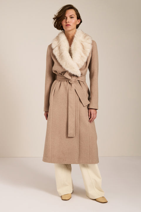 Long belted wool-blend coat with removable faux fur shawl collar, double-breasted front and tailored silhouette.