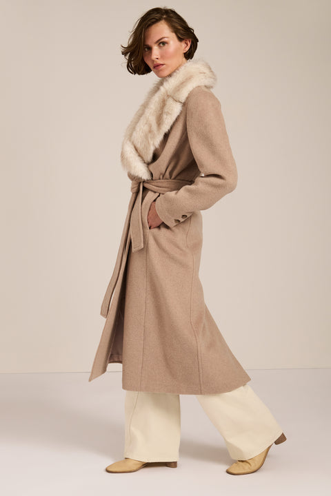 Long belted wool-blend coat with removable faux fur shawl collar, double-breasted front and tailored silhouette.
