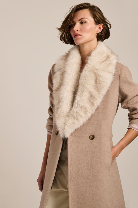 Long belted wool-blend coat with removable faux fur shawl collar, double-breasted front and tailored silhouette.