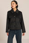 women's cropped plaid wool jacket featuring a point collar, button-front closure, and oversized flap pockets.