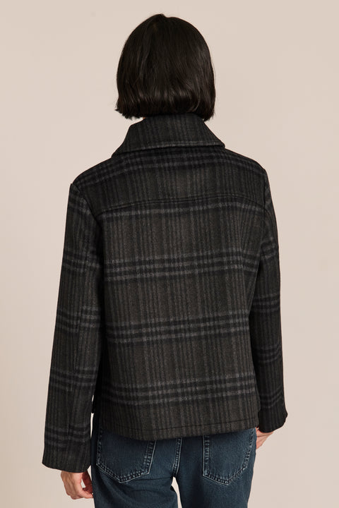 women's cropped plaid wool jacket featuring a point collar, button-front closure, and oversized flap pockets.