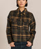women's cropped plaid wool jacket featuring a point collar, button-front closure, and oversized flap pockets.