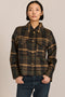 women's cropped plaid wool jacket featuring a point collar, button-front closure, and oversized flap pockets.