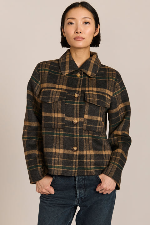 women's cropped plaid wool jacket featuring a point collar, button-front closure, and oversized flap pockets.