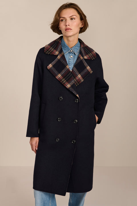 women's double-breasted wool coat with an oversized plaid notched collar, contrasting plaid interior and side pockets.