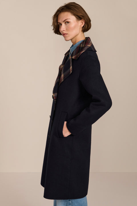 women's double-breasted wool coat with an oversized plaid notched collar, contrasting plaid interior and side pockets.
