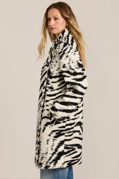 women's tiger print wool coat featuring a streamlined silhouette, pointed collar, concealed front closure and side pockets.