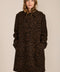 women's brown and black leopard print wool coat featuring a streamlined silhouette, pointed collar, concealed front closure and side pockets.
