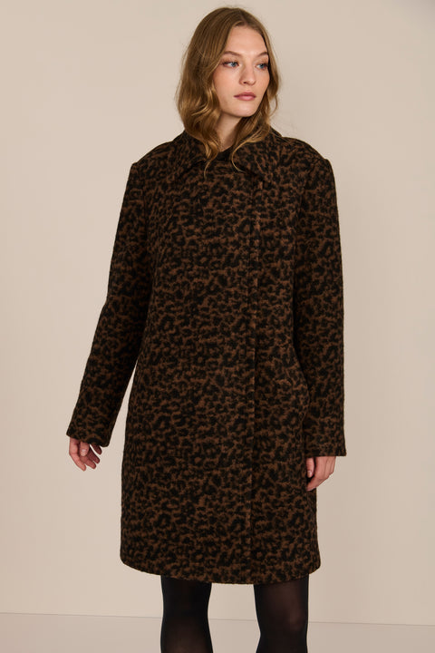 women's brown and black leopard print wool coat featuring a streamlined silhouette, pointed collar, concealed front closure and side pockets.
