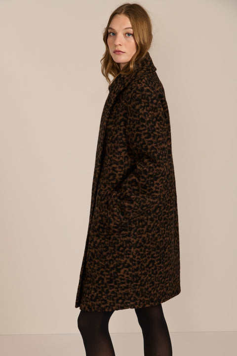 women's brown and black leopard print wool coat featuring a streamlined silhouette, pointed collar, concealed front closure and side pockets.