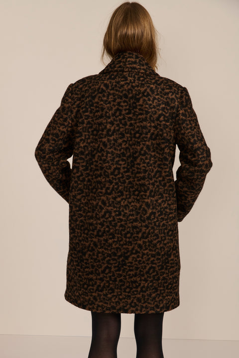 women's brown and black leopard print wool coat featuring a streamlined silhouette, pointed collar, concealed front closure and side pockets.