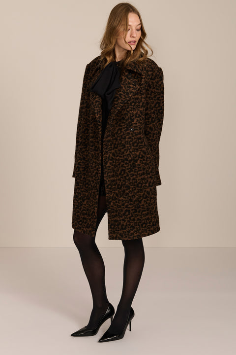 women's brown and black leopard print wool coat featuring a streamlined silhouette, pointed collar, concealed front closure and side pockets.