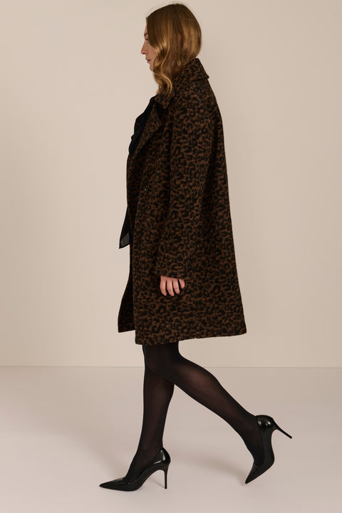 women's brown and black leopard print wool coat featuring a streamlined silhouette, pointed collar, concealed front closure and side pockets.