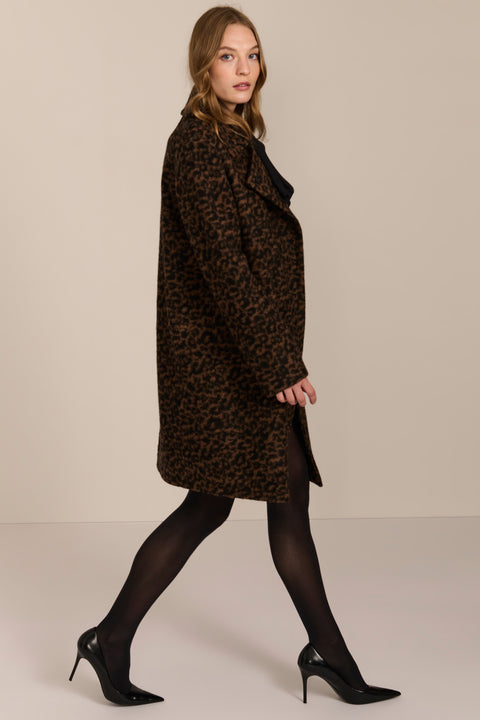 women's brown and black leopard print wool coat featuring a streamlined silhouette, pointed collar, concealed front closure and side pockets.