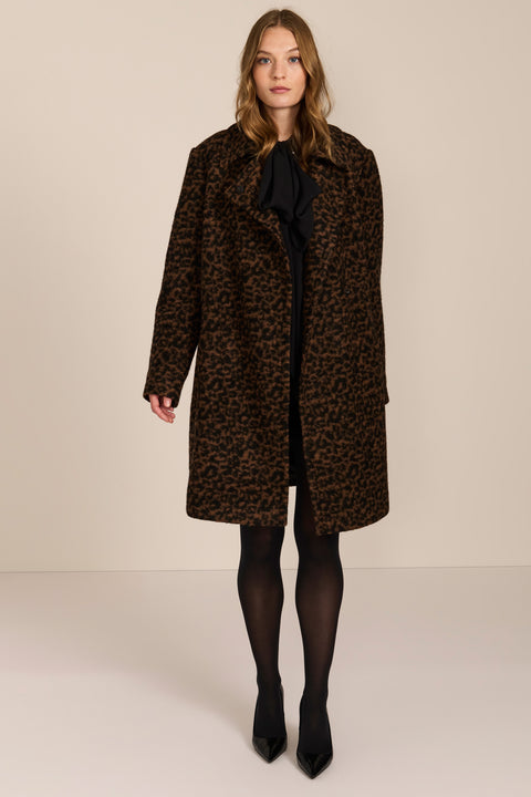 women's brown and black leopard print wool coat featuring a streamlined silhouette, pointed collar, concealed front closure and side pockets.
