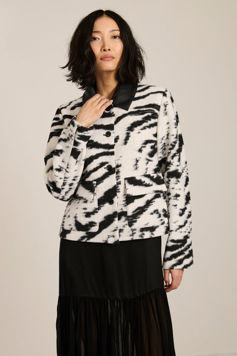 black and white zebra-print knit zip-up jacket