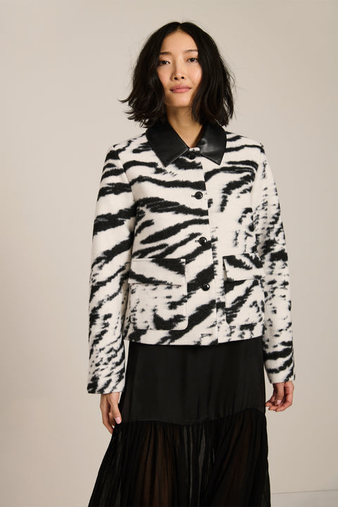 black and white zebra-print knit zip-up jacket