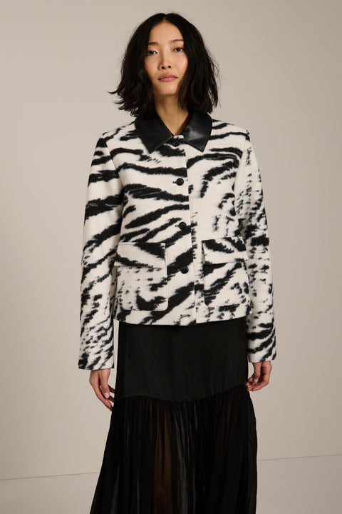 black and white zebra-print knit zip-up jacket