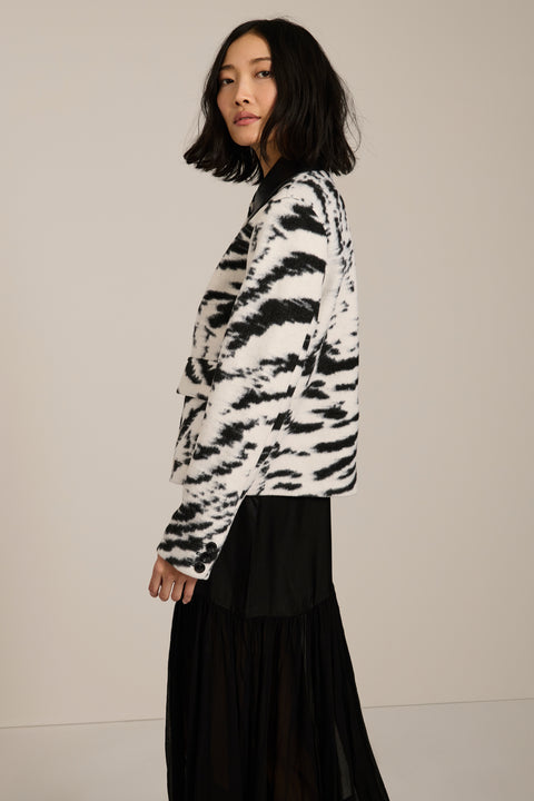 black and white zebra-print knit zip-up jacket