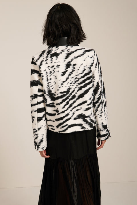 black and white zebra-print knit zip-up jacket