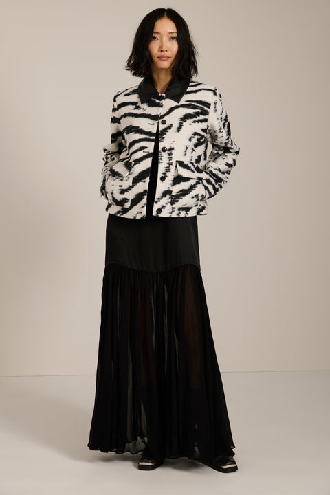black and white zebra-print knit zip-up jacket
