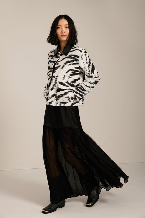 black and white zebra-print knit zip-up jacket