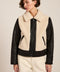 Women's faux shearling and faux leather jacket with zip front and oversized collar in ivory and black