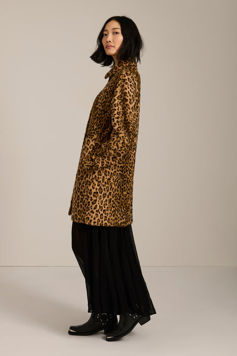 Women's brushed leopard print coat with button-front closure and oversized patch pockets