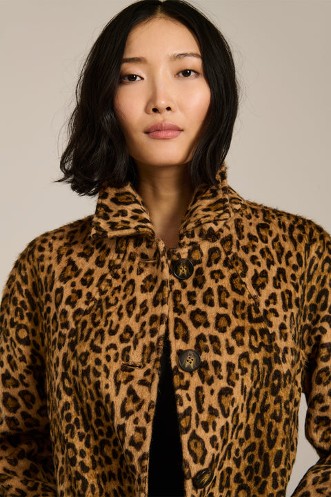 Women's brushed leopard print coat with button-front closure and oversized patch pockets