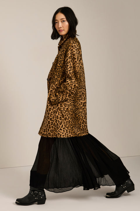 Women's brushed leopard print coat with button-front closure and oversized patch pockets