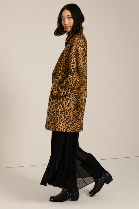 Women's brushed leopard print coat with button-front closure and oversized patch pockets