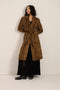 Leopard print faux fur wrap coat with notch lapels, removable self-tie belt and side seam pockets.
