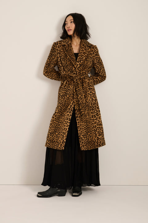 Leopard print faux fur wrap coat with notch lapels, removable self-tie belt and side seam pockets.