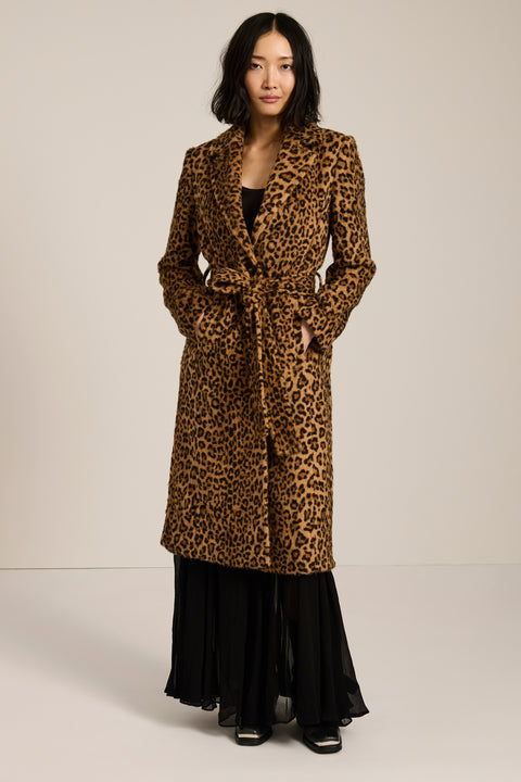 Leopard print faux fur wrap coat with notch lapels, removable self-tie belt and side seam pockets.
